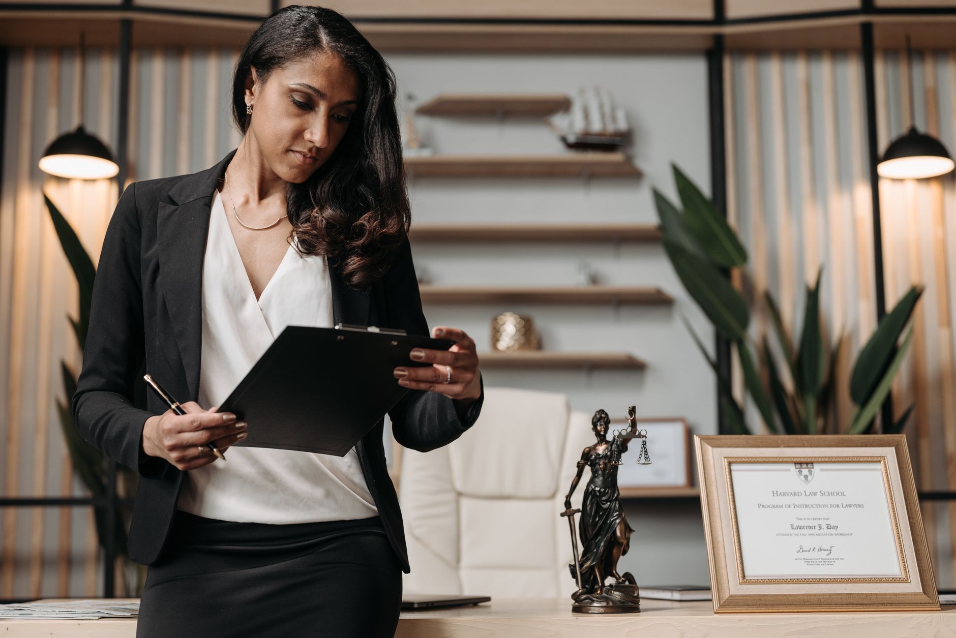 Best personal injury lawyer (Confident businesswoman reviewing paperwork in a modern law office setting.)